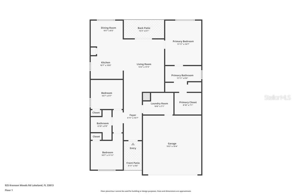 This is a floor plan for a single-story residential home with a garage and patio — 925 KRENSON WOODS ROAD, LAKELAND, FL