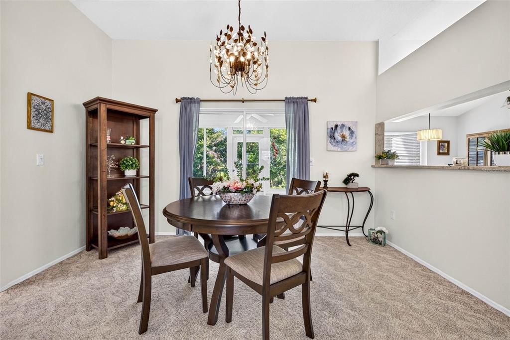 A dining room with a round wooden table, chairs, a chandelier, and a tall bookshelf — 4233 AVANTI CIRCLE, NEW PORT RICHEY, FL