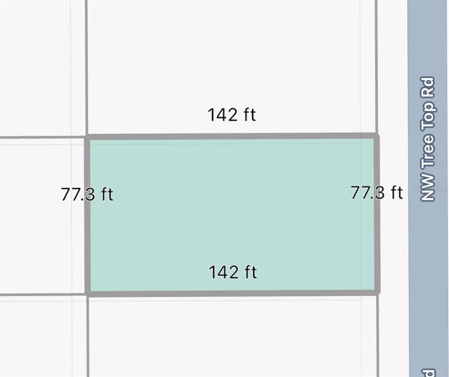 This is a rectangular lot map showing dimensions of 142 feet by 77.3 feet — 0000 NW TREETOP ROAD UNIT #021, DUNNELLON, FL