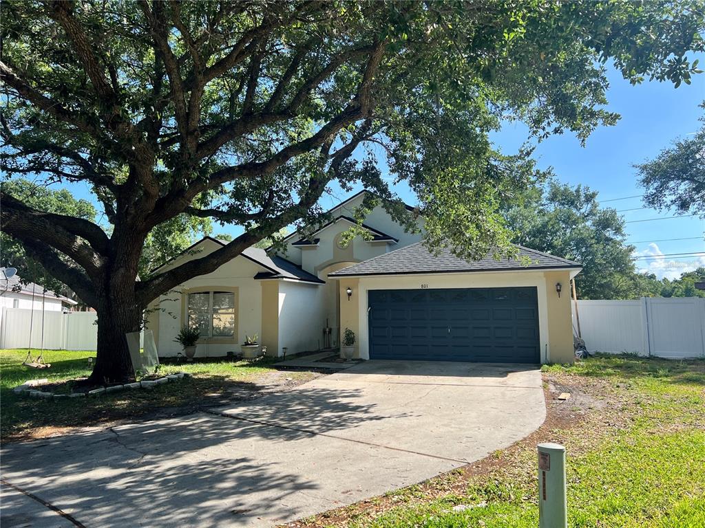 A single-story house with a dark garage door, light-colored stucco walls, and a large tree — 801 KAMCHATKA COURT, APOPKA, FL