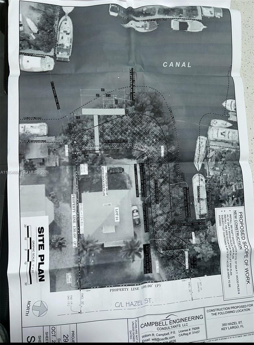 This is a site plan for a proposed dock construction project in Key Largo, Florida — 350 Hazel St, Key Largo FL 33037, KEY LARGO, FL