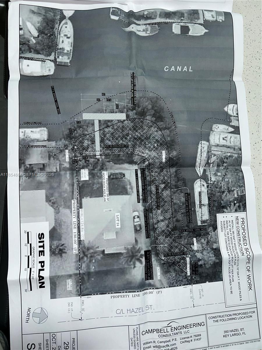 This is a site plan for a waterfront property showing a proposed dock and boat lift — 350 Hazel St, Key Largo FL 33037, KEY LARGO, FL