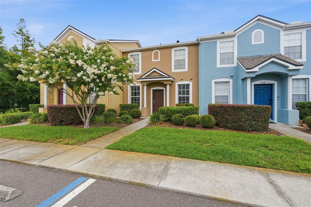 A row of two-story townhomes with tan and blue stucco exteriors and landscaped front yards — 1250 CHARLESWORTH DRIVE, WESLEY CHAPEL, FL