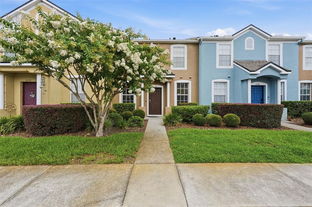 A row of three townhouses with tan and blue stucco exteriors and landscaped front yards — 1250 CHARLESWORTH DRIVE, WESLEY CHAPEL, FL