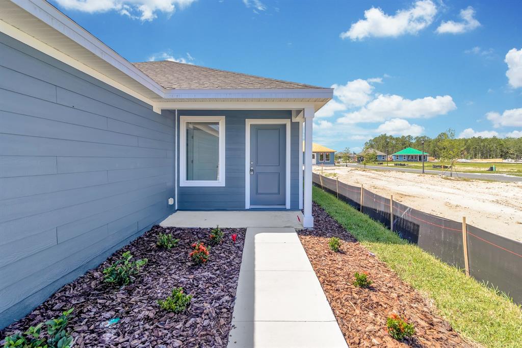 A blue-sided house exterior features a concrete walkway leading to a front door and window — 5540 SAPOTE COURT, KISSIMMEE, FL