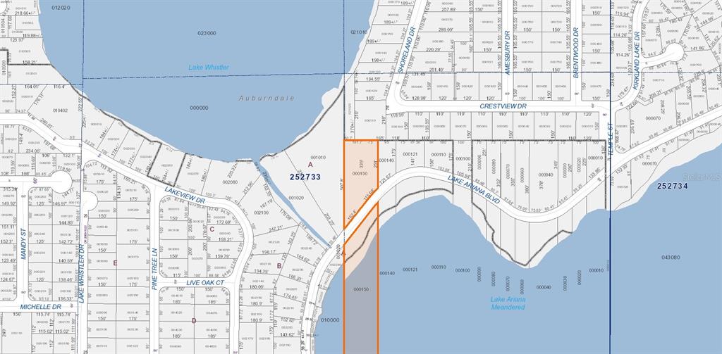 This is a land parcel map showing property boundaries near Lake Ariana and Lake Whistler — 2060 LAKE ARIANA BOULEVARD, AUBURNDALE, FL