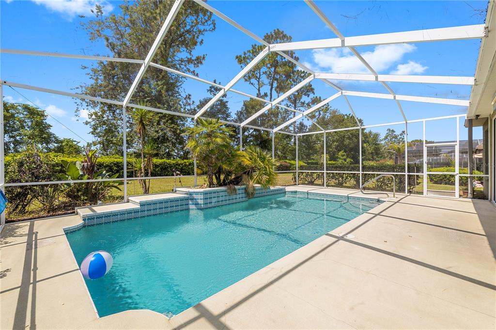 A swimming pool with a raised tiled spa sits inside a screened-in lanai — 5334 LEGEND HILLS LANE, SPRING HILL, FL