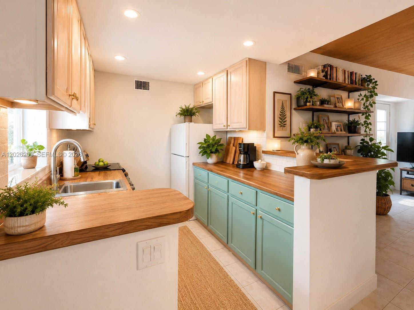 A kitchen features light wood cabinets, teal lower cabinets, wood countertops, and open shelving — 910 Jefferson Ave # 5C, Miami Beach FL 33139, MIAMI BEACH, FL