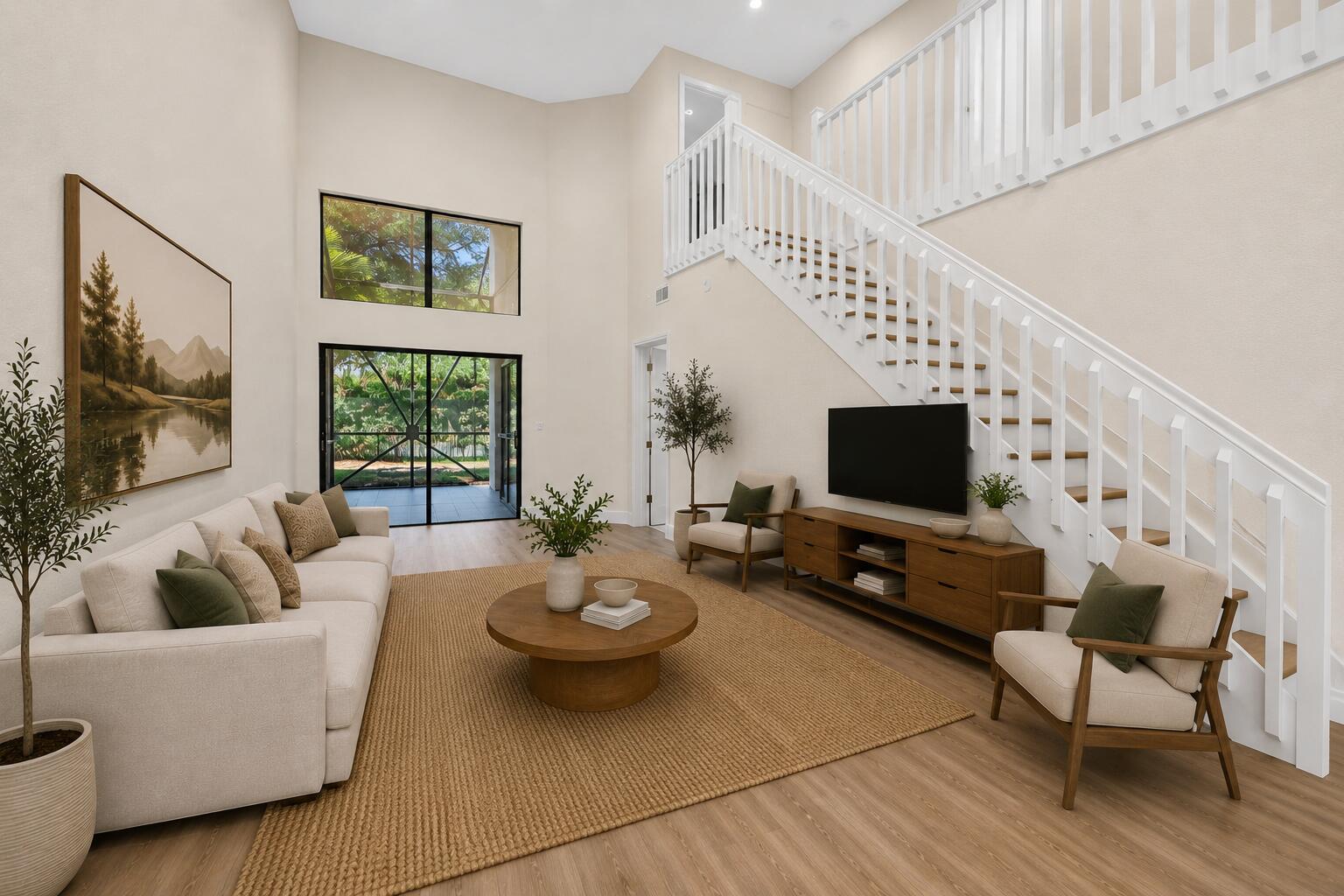 A bright living room features a high ceiling, a staircase, and a large sliding glass door — 6647 Boca Hermosa Lane, Boca Raton FL 33433, BOCA RATON, FL