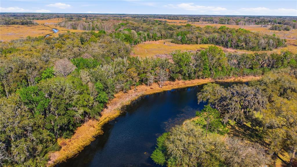 An aerial view shows a winding river flowing through a forested landscape and grassy wetlands — 49 N ARCHWOOD DRIVE, INVERNESS, FL