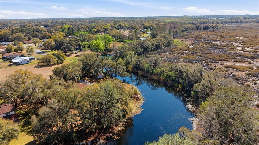An aerial view shows a winding river flowing through a wooded landscape with nearby houses — 49 N ARCHWOOD DRIVE, INVERNESS, FL