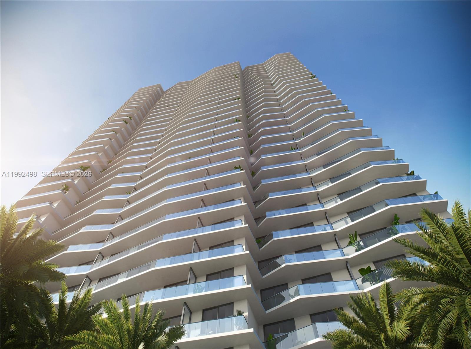 This is a rendering of a modern high-rise residential building with tiered balconies — 77 SE 5th St # 2204, Miami FL 33131, MIAMI, FL