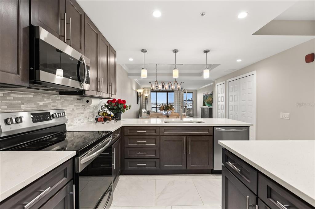 A modern kitchen features dark wood cabinets, stainless steel appliances, and white quartz countertops — 16300 COUNTY ROAD 455 UNIT 204, MONTVERDE, FL