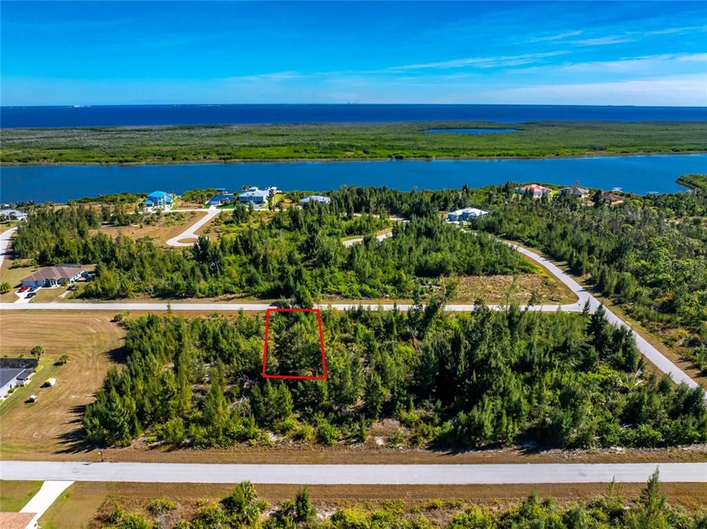 An aerial view shows a rectangular plot of land outlined in red amidst wooded terrain — 9259 LINGLE STREET, PORT CHARLOTTE, FL