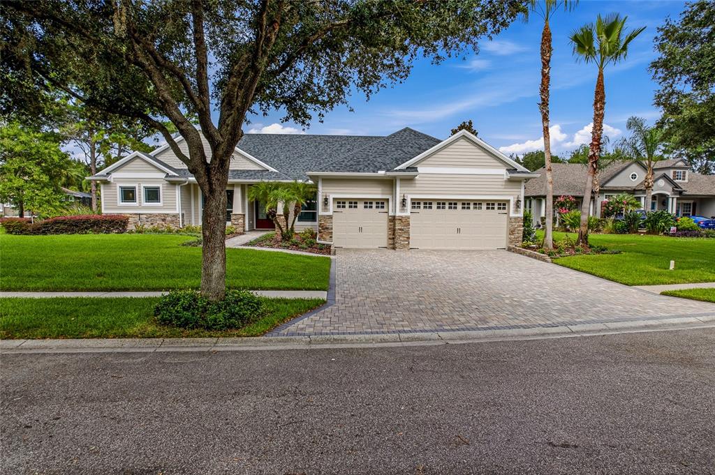 A single-story house with a beige exterior, stone accents, and a paved driveway — 2208 PRINCESS JULIA LANE, LUTZ, FL