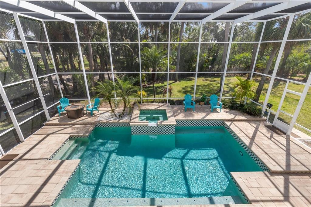 A screened-in pool area features a hot tub, patio furniture, and views of palm trees — 375 WELLINGTON AVENUE, OLDSMAR, FL
