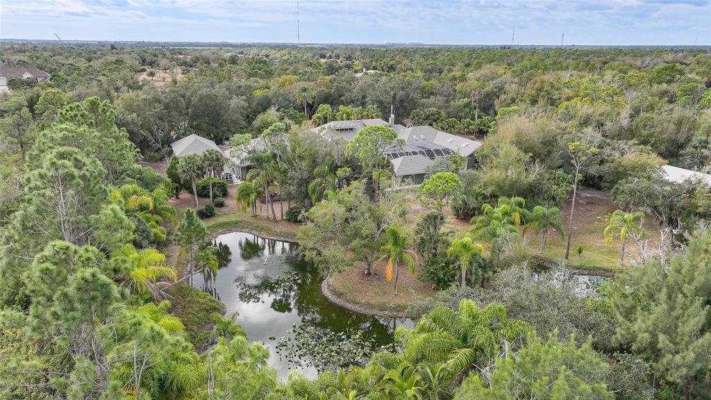 An aerial view shows a large house with a grey roof surrounded by lush trees — 24646 TANGERINE AVENUE, PORT CHARLOTTE, FL
