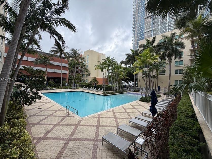 A swimming pool surrounded by lounge chairs, palm trees, and multi-story apartment buildings — 2000 N Bayshore Dr # 126, Miami FL 33137, MIAMI, FL