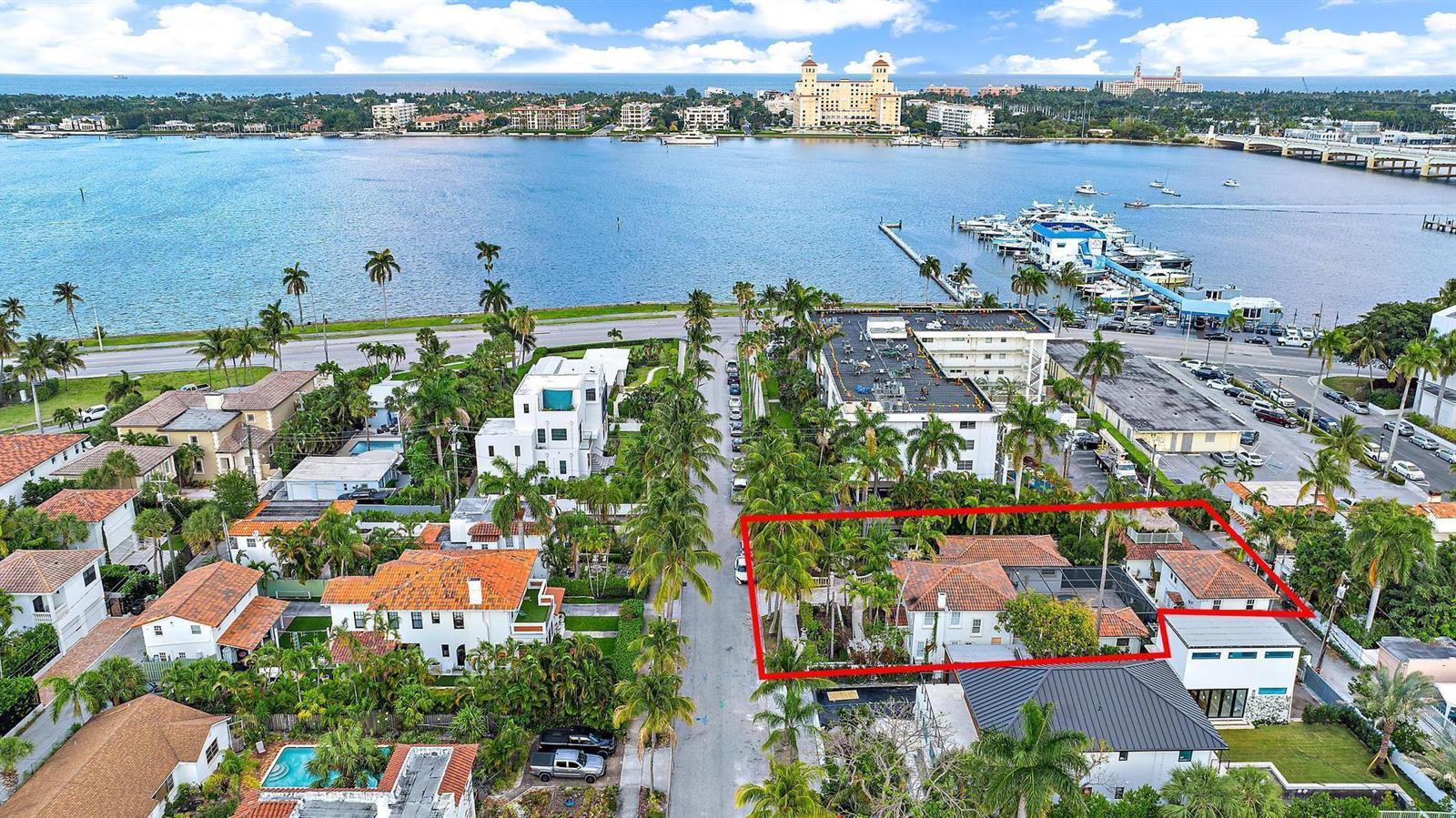An aerial view shows a residential property outlined in red near a waterfront marina — 228 9th Street, West Palm Beach FL 33401, WEST PALM BEACH, FL