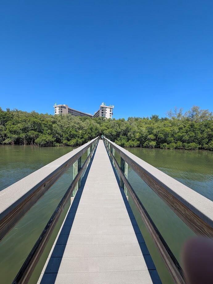 A wooden boardwalk extends over water toward a dense mangrove forest and a large building — 801 S Ocean Drive # 910, Fort Pierce FL 34949, FORT PIERCE, FL