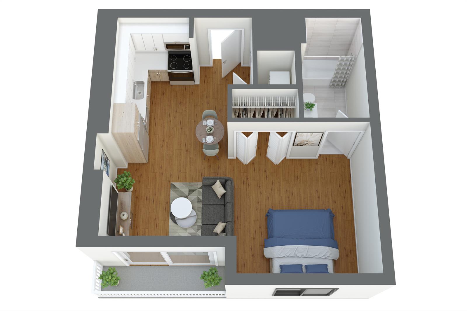 This is a 3D floor plan rendering of a studio apartment with a balcony — 200 NE 1st Avenue # 633, Pompano Beach FL 33060, POMPANO BEACH, FL