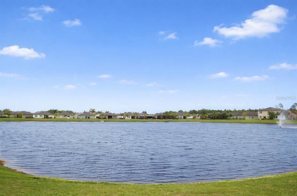 A wide view of a residential lake with houses in the background under a blue sky — 3021 BLUE SHORES WAY, NEW SMYRNA BEACH, FL