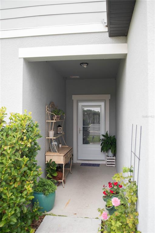 A covered entryway features a white front door, a metal shelving unit, and potted plants — 3021 BLUE SHORES WAY, NEW SMYRNA BEACH, FL