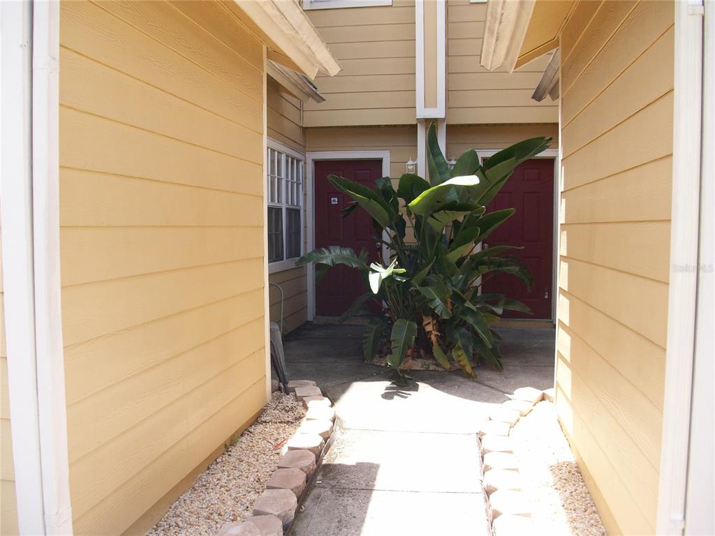 A concrete walkway leads to two red front doors framed by yellow siding and landscaping — 511 COCONUT PALM WAY, DAVENPORT, FL
