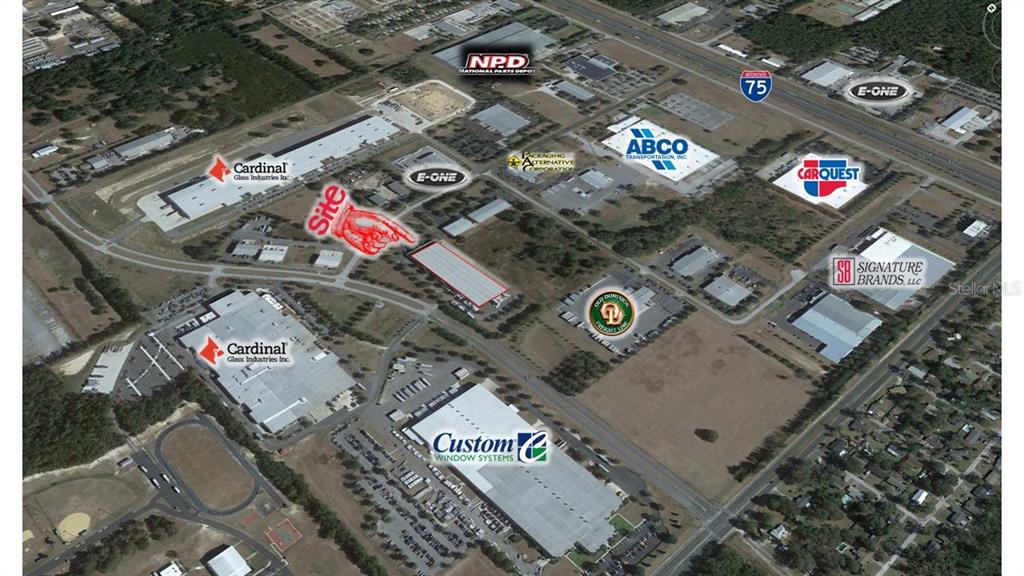 An aerial map shows a commercial industrial site highlighted with a red outline and pointer — 1501 SW 44TH AVENUE, OCALA, FL