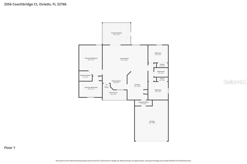 This is a floor plan for a single-story house with a garage and screened patio — 2556 COACHBRIDGE COURT, OVIEDO, FL