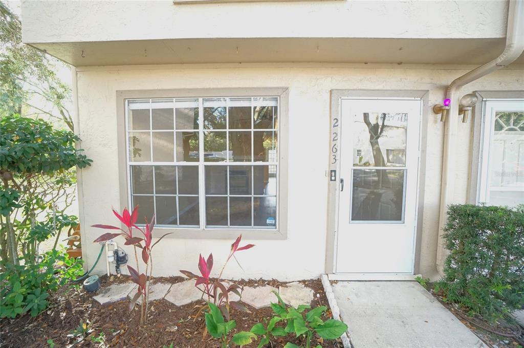 A ground-level view of a tan building exterior with a window and a front door — 2263 FLETCHERS POINT CIRCLE, TAMPA, FL