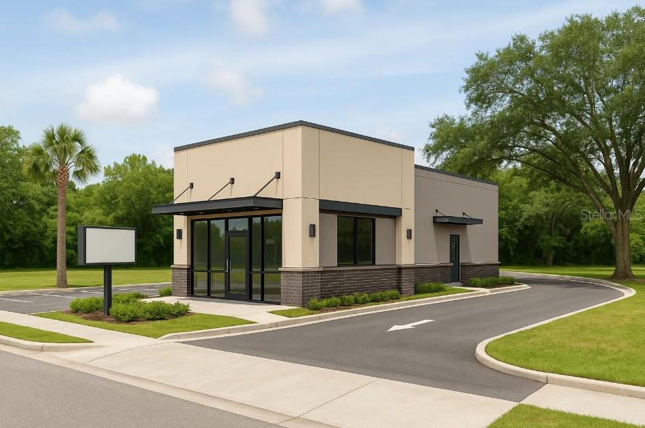 This is a digital rendering of a modern, single-story commercial building with a drive-thru lane — 8428 N 40TH STREET, TAMPA, FL