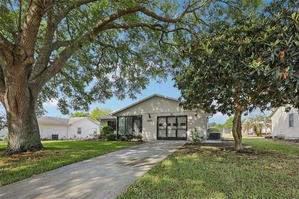 A single-story house with light siding, a concrete driveway, and large trees in the yard — 1907 TWEED COURT, LEESBURG, FL