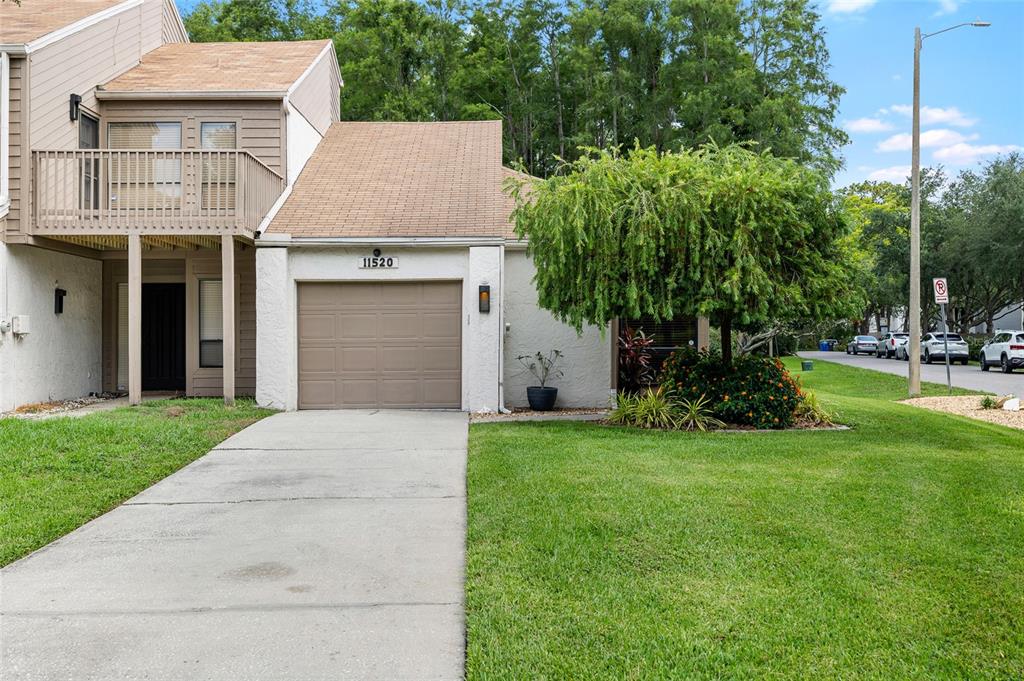 A dark front door is recessed within a white stucco exterior with potted plants nearby — 11520 GALLERIA DRIVE, TAMPA, FL
