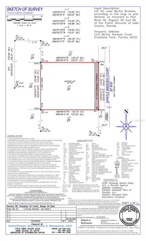 This is a survey map showing the property boundaries and dimensions for a residential lot — 1112 MYRTLE BREEZES COURT, FRUITLAND PARK, FL