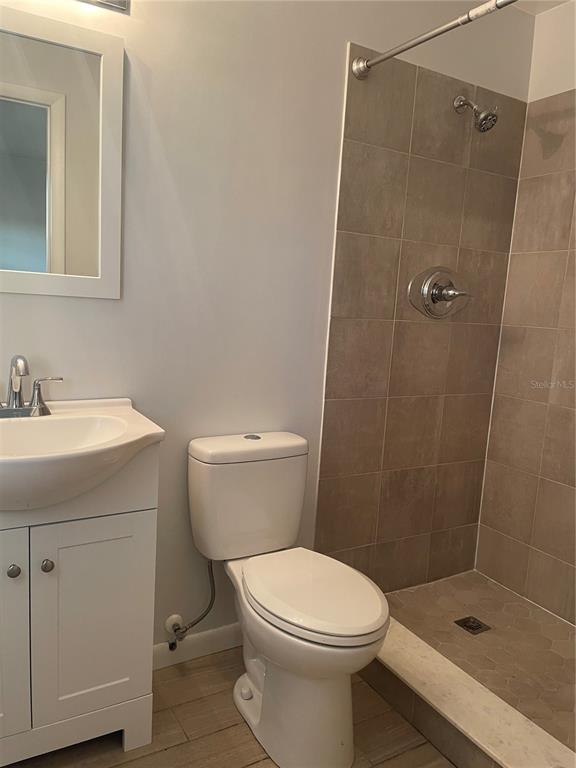 A bathroom features a white vanity, a toilet, and a tiled walk-in shower — 1008 YORK COURT, BRANDON, FL