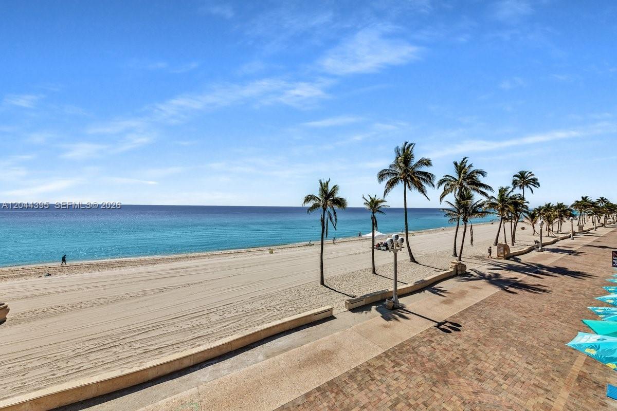 A view of a sandy beach with palm trees and a brick promenade — 3111 N Ocean Dr # 904, Hollywood FL 33019, HOLLYWOOD, FL