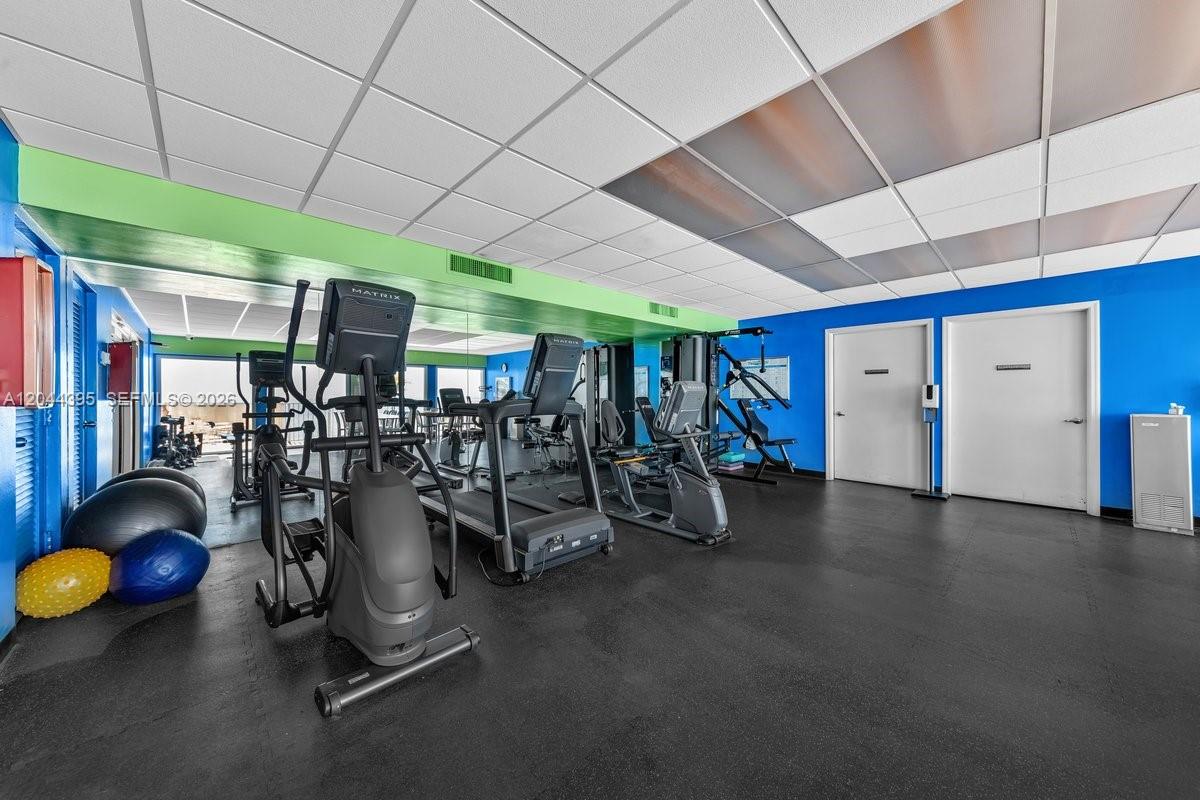 A gym room features exercise machines, blue walls, a green accent wall, and ceiling tiles — 3111 N Ocean Dr # 904, Hollywood FL 33019, HOLLYWOOD, FL