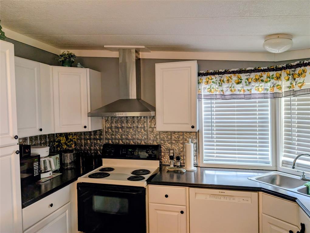 A kitchen features white cabinets, black countertops, a stainless steel range hood, and patterned backsplash — 9300 SE 140TH PLACE, SUMMERFIELD, FL