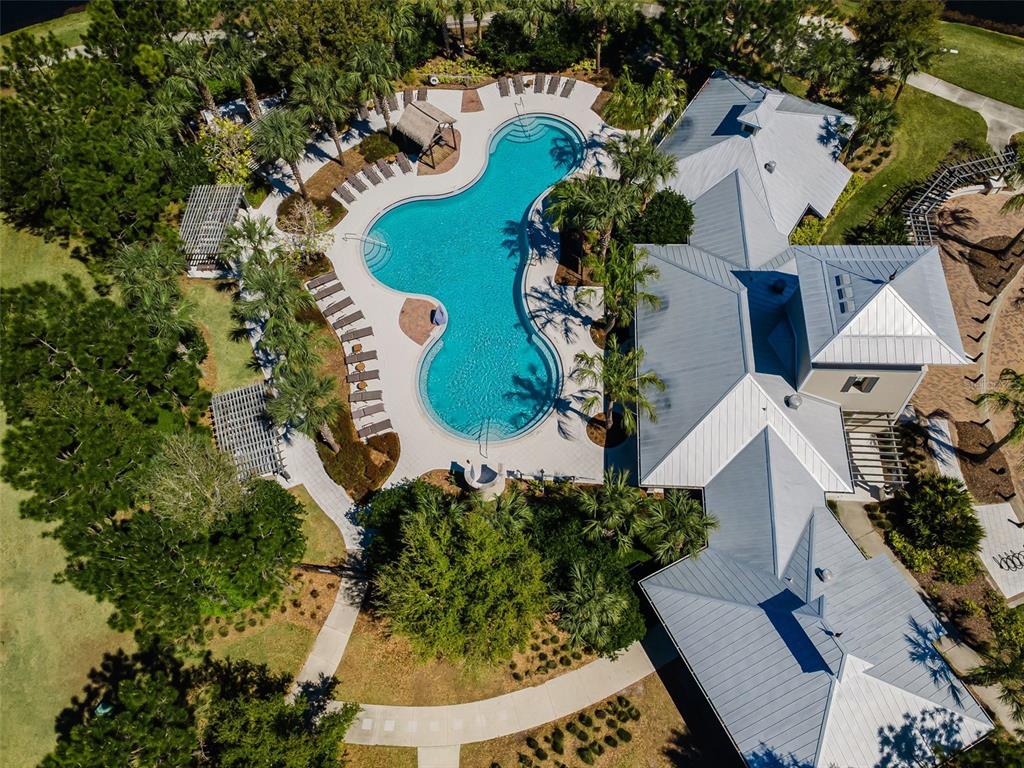 An aerial view shows a swimming pool with lounge chairs next to a large building — 11923 CINNAMON FERN DRIVE, RIVERVIEW, FL