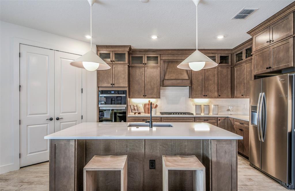 A modern kitchen features dark wood cabinets, a white quartz island, and two pendant lights — 13710 BROOKSIDE HAVEN STREET, RIVERVIEW, FL