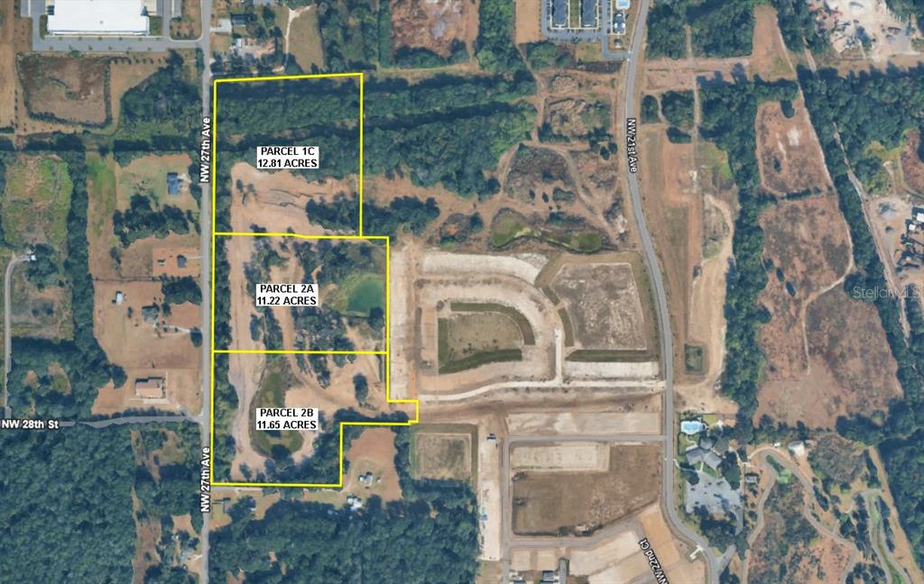 An aerial map shows three outlined land parcels labeled with their respective acreage — 2595 NW 21ST AVE, OCALA, FL