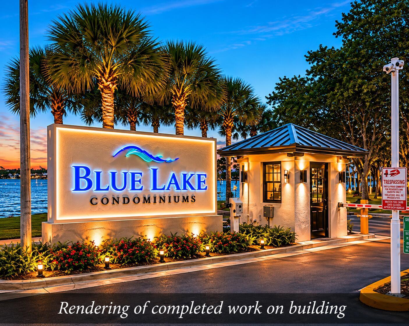 This rendering shows the illuminated entrance sign and security gatehouse of Blue Lake Condominiums — 3500 Blue Lake Drive # 503, Pompano Beach FL 33064, POMPANO BEACH, FL