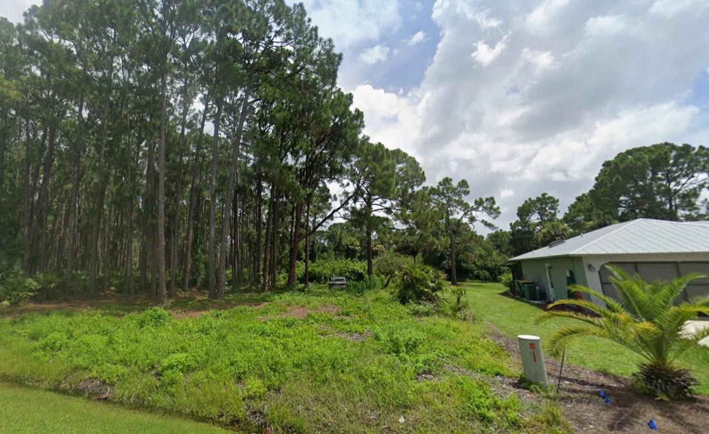 A grassy vacant lot sits next to a house with a metal roof and trees — 12203 Chamberlain Boulevard, FL 33953, FL