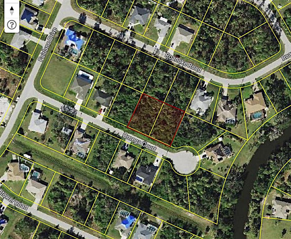 This is a satellite map view showing two adjacent vacant lots highlighted on Omega Court — Lot's  36 & 37 OMEGA COURT, NORTH PORT, FL