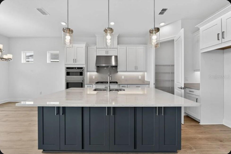A kitchen features a large dark blue island, white cabinetry, stainless steel appliances, and pendant lighting — 853 TASSLEFLOWER TRAIL, ST CLOUD, FL