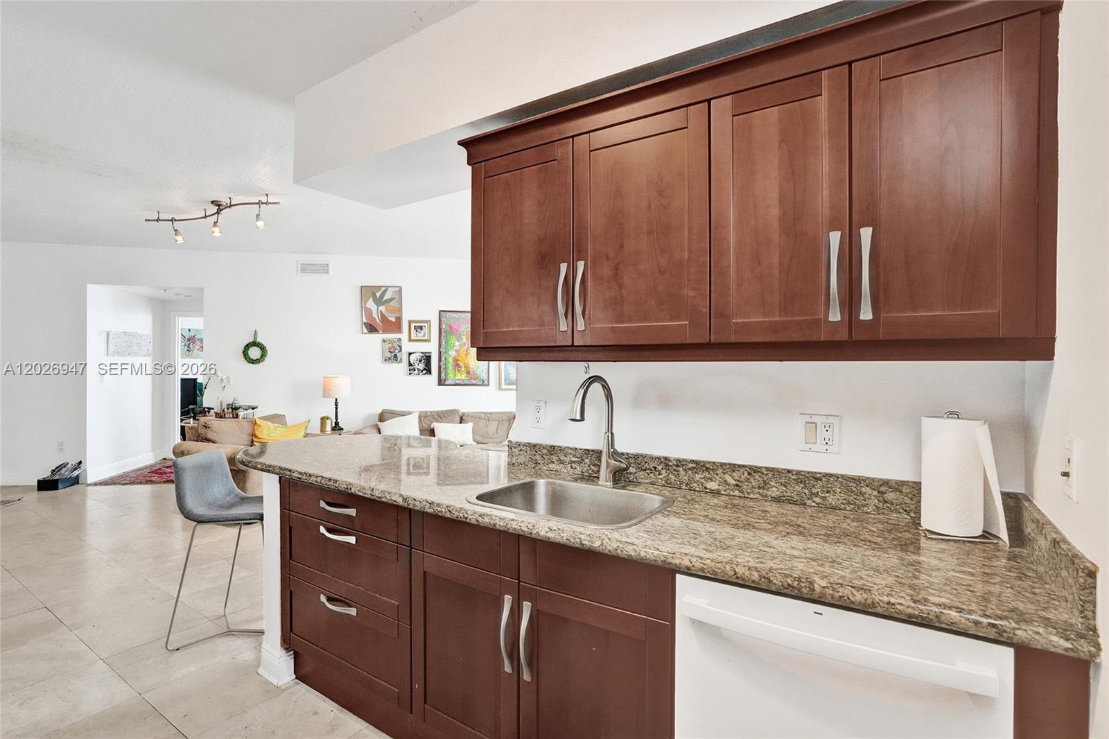 A kitchen features dark wood cabinets, granite countertops, a stainless steel sink, and a dishwasher — 7275 SW 90th St # C410, Miami FL 33156, MIAMI, FL