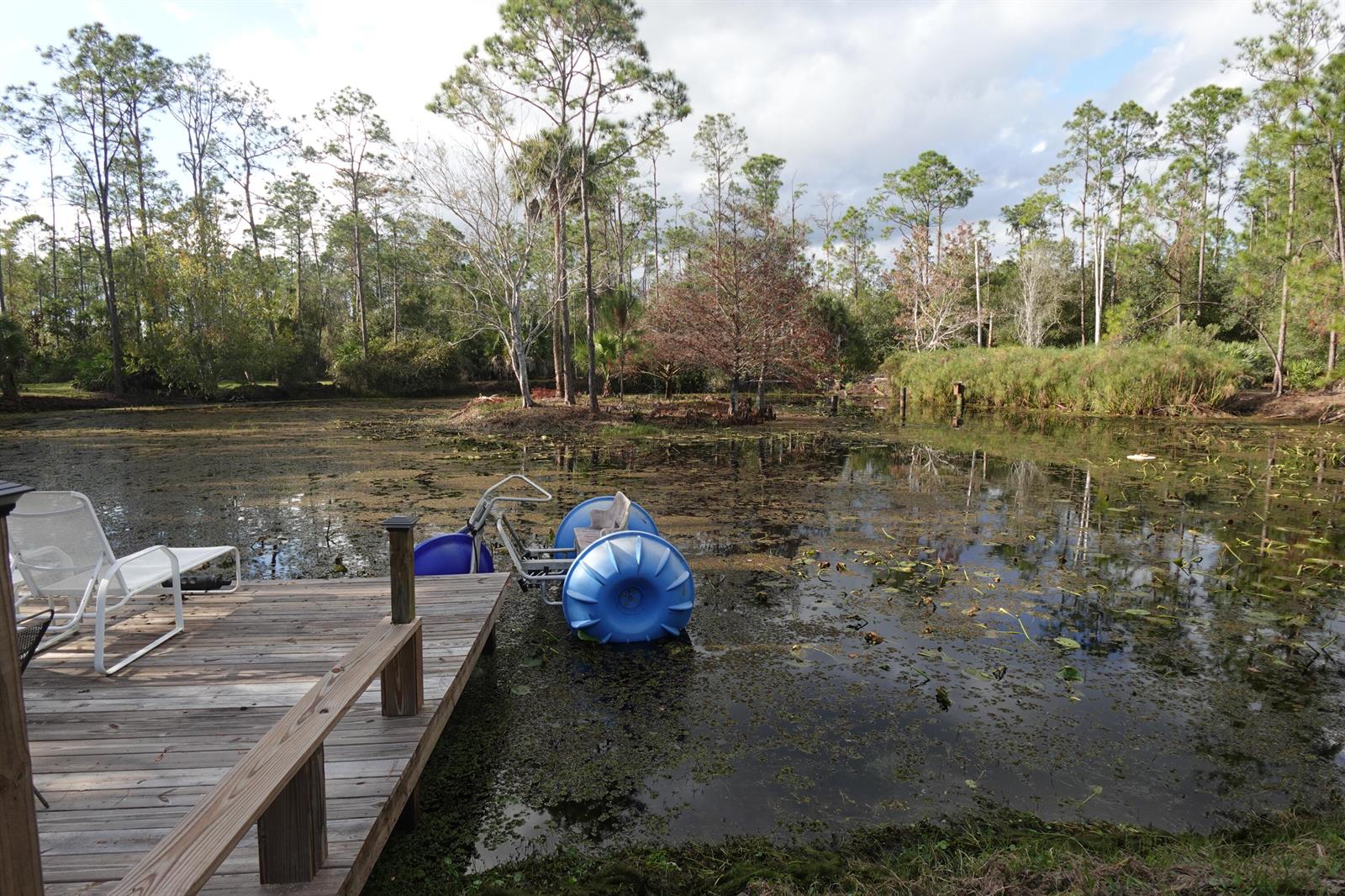 A wooden dock extends into a pond with a blue pedal boat and chairs — 32801 N Us-441 Lot 187, Okeechobee FL 34972, OKEECHOBEE, FL