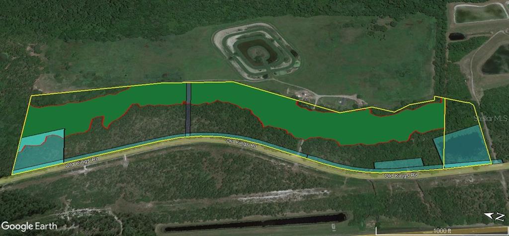 This aerial map shows a large, irregularly shaped parcel of land bordered by Old Kings Road — xx OLD KINGS ROAD, PALM COAST, FL