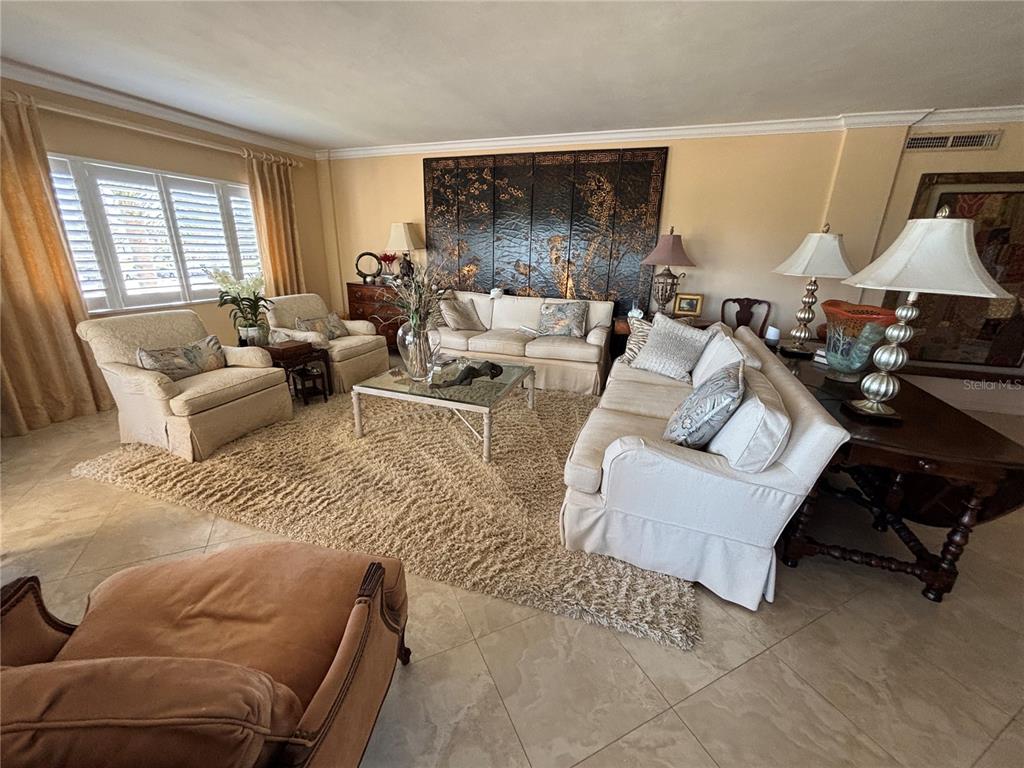 A living room features beige furniture, a shaggy area rug, and a large decorative wall screen — 1200 N SHORE DRIVE NE UNIT 212, ST PETERSBURG, FL